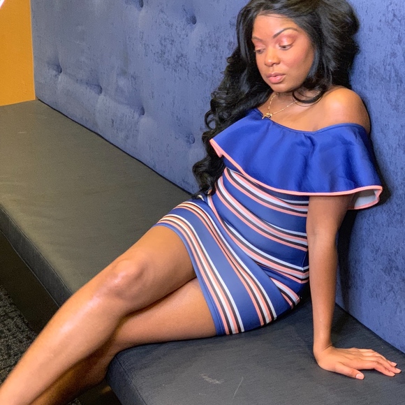 "Bella" multi stripe cold shoulder dress - Picture 2 of 4